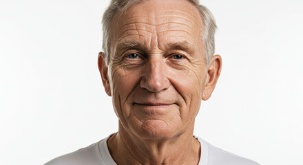 Obraz premium A smiling elderly man with a warm expression against a white background.