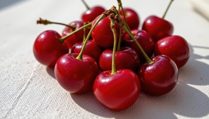 a bunch of red cherries with visible stems, arranged in a cluster against a white backdrop. they appear fresh with a glossy surface, suggesting they are recently harvested or displayed for sale