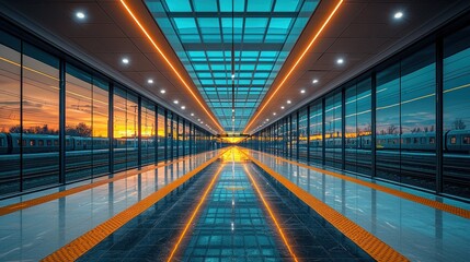 Modern train station tunnel, sunrise reflection