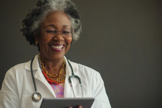 nurse doctor senior care tablet computer technology showing caregiver help assistence retirement home nursing elderly happy laughing man