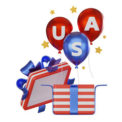 3D Rrender Typography USA Balloons with Gift box for American Independence day Themes. Icon illustration