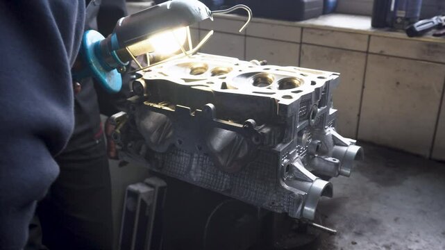 Car service. cylinder head on the workshop table. Car repair concept. Car maintenance