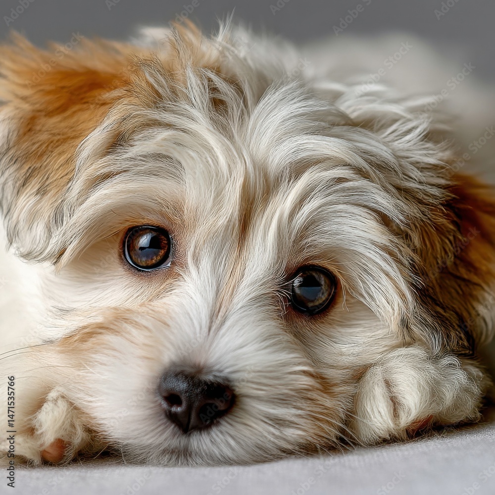 Poster adorable bichon frise puppy with expressive eyes lying down on a light gray surface : generative ai