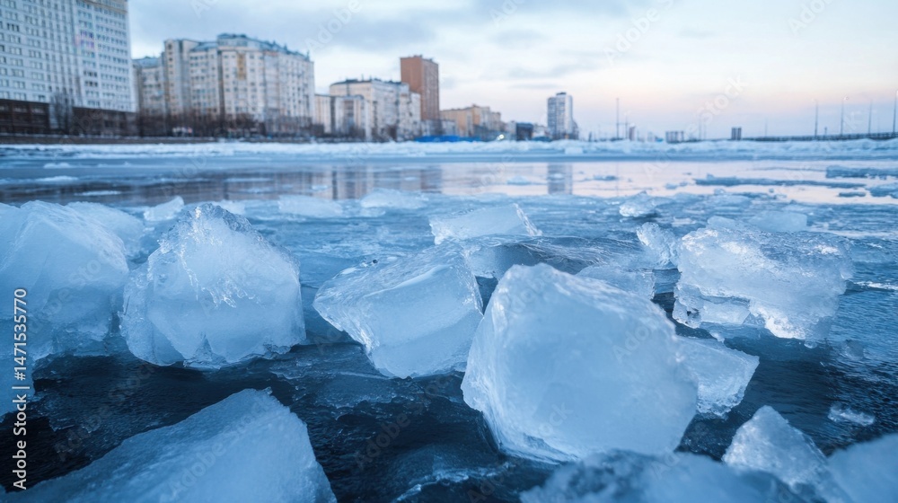 Leinwandbilder large chunks of translucent ice float on a frozen river, city buildings visible in the background un