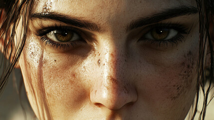 Fototapeta premium A close-up portrait of a female with intense eyes and textured skin.