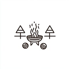 Campfire minimalist icon, forest setting, nature background, outdoor activity