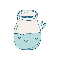 Transparent glass bottle with water in doodle style. Vector sketch of vintage kitchen utensils on isolated background.