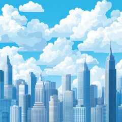Fototapeta premium A vibrant city skyline with clouds and a blue sky, illustrating urban life and architecture.