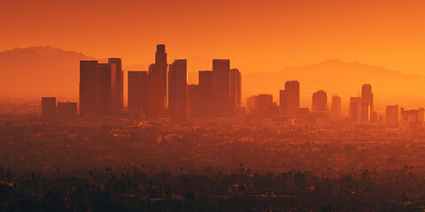 Los Angeles skyline at sunset, orange hues dominate, showcasing city's urban landscape against mountainous backdrop, symbolizing urban sprawl and vibrant city life