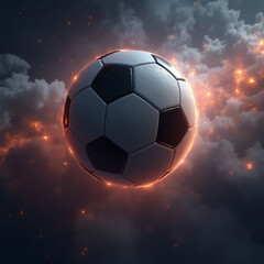 Fototapeta premium Dynamic soccer ball mid-flight through asteroid field, motion blur on rocks, glowing trail behind ball, cinematic space lighting with vibrant colors, 4K resolution detail