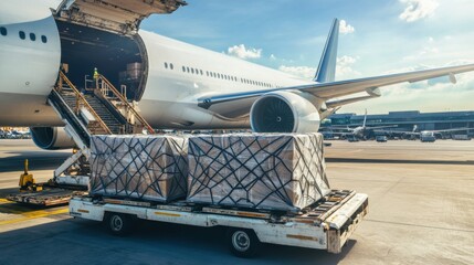 Large cargo airplane, loaded with neatly packed freight containers, clean organized airport logistics setting, air freight transport, global shipping, supply chain concept, banner, advertisement