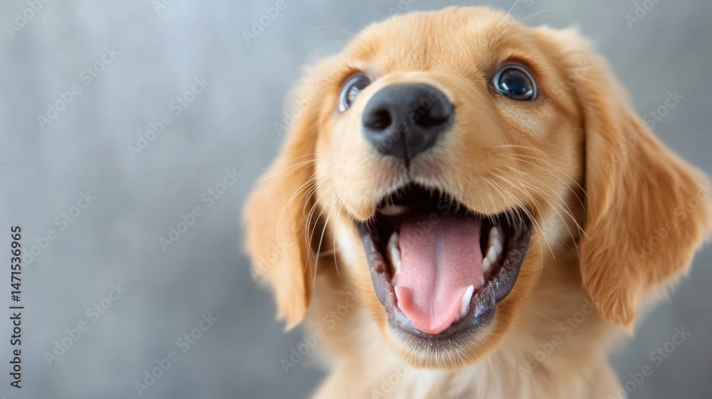 Poster adorable golden retriever puppy with open mouth, showing tongue and teeth, against a blurred gray ba
