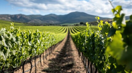 Naklejka premium Vineyard Rows Stretch Towards Distant Mountains Under a Sunny Sky, showcasing lush green grapevines ready for harvest. : Generative AI