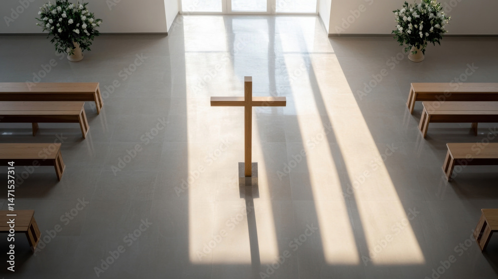 Aufkleber wooden cross stands in minimalist chapel bathed in sunlight, simple wooden benches arranged around i