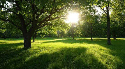 Obraz premium Sunlit meadow with large deciduous trees casting shadows on vibrant green grass, creating a serene and peaceful natural landscape. : Generative AI