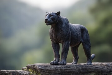 Fototapeta premium Majestic black panther statue on a rocky outcrop.