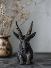 Black goat figurine with long horns sits on dark surface, dried flowers in background; gothic, mystical, dark fantasy aesthetic. : Generative AI