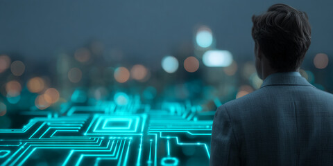 Man in suit, back view, overlooking futuristic cityscape with glowing circuit board overlay, symbolizing technological advancement and future prospects