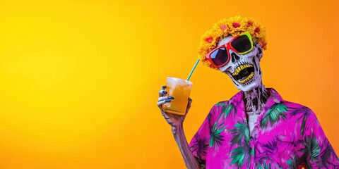 zombie wearing modern summer fashion, sipping tropical cocktail 