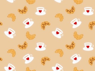 Seamless pattern sweet croissant and cup of coffee with cream background. Vector pastries and coffee for menu, cafe, bakery, logo, packaging