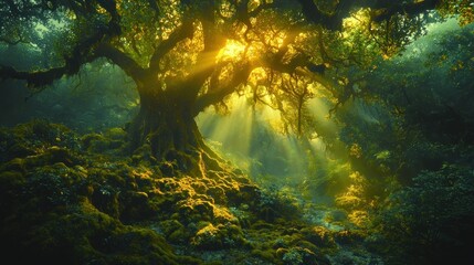 Fototapeta premium Sunlight streams through ancient forest