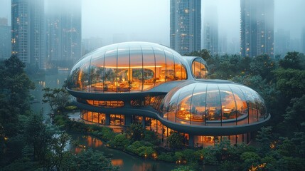 Obraz premium Futuristic, glass-domed house nestled in a tranquil, urban lake setting