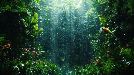 Obraz premium Lush rainforest, rain shower, vibrant foliage