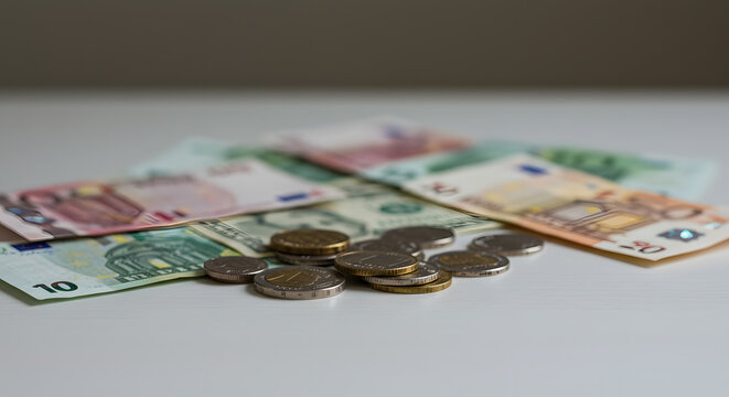 Euro banknotes and coins on a white surface  A close-up shot of currency illustrating financial concepts, investments, savings, and economic matters. Perfect for illustrating articles, presentations