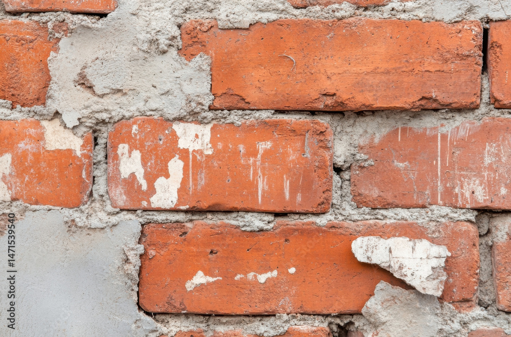 Leinwandbilder close-up view of an aged brick wall, showing weathered red bricks and crumbling grey mortar. the tex