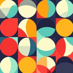 A vibrant geometric pattern featuring colorful circles and shapes arranged in a grid.