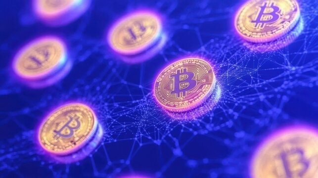 Digital Cryptocurrency Concept with Bitcoin Icons Surrounding a Network Glow Effect in Modern Technology Background