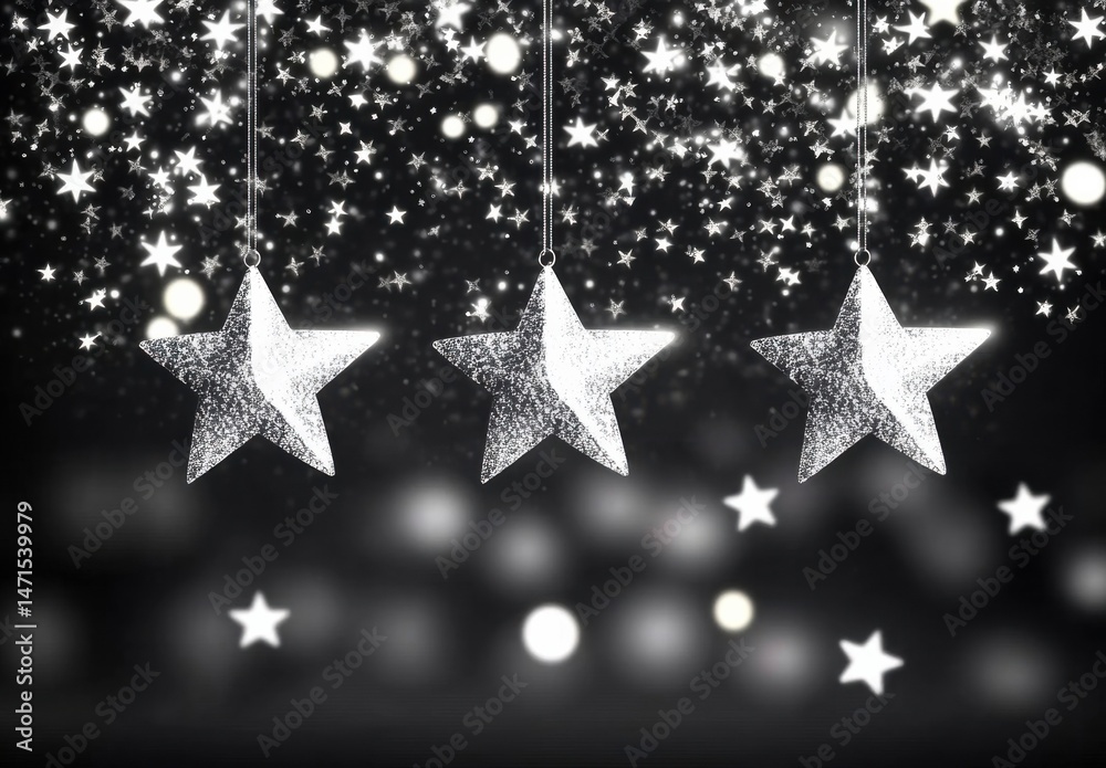 Poster three silver glitter stars hang against a dark background, sparkling with smaller stars and bokeh li