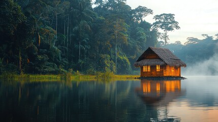 Fototapeta premium Tranquil hut on a lake in a misty rainforest