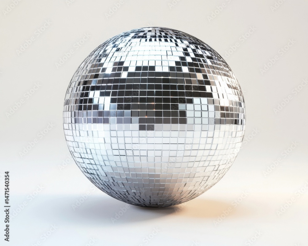Aufkleber a reflective silver disco ball, composed of numerous small square mirrors, sits on a plain white bac