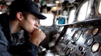  Navy Officer Monitoring Control Panel in Ship’s Bridge