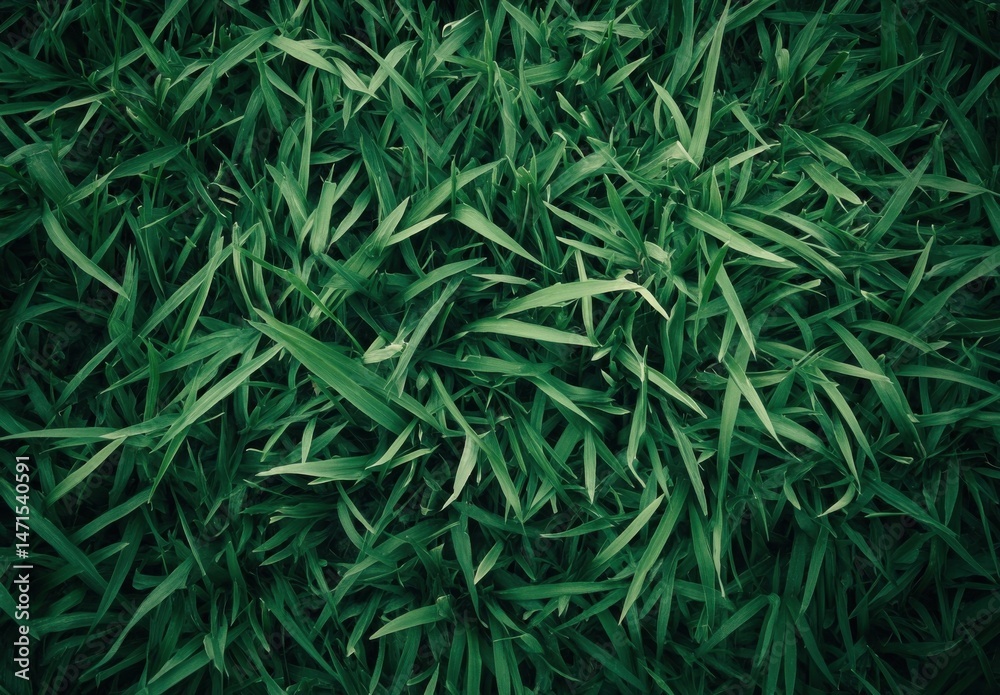 Poster A high-angle close-up shot reveals a dense carpet of vibrant green grass blades, their sharp points and rich color creating a textured natural background. : Generative AI