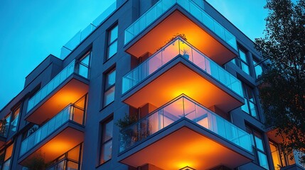 Obraz premium Modern apartment building at dusk, lit balconies (1)