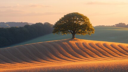 Fototapeta premium Solitary tree atop a golden field at dawn