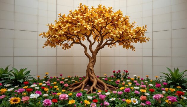 an artistic installation resembling a tree with a prominent yellow leaf canopy and brown trunk, seemingly floating above a vibrant display of flowers in a variety of colors