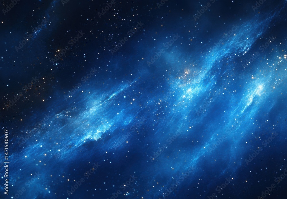 Poster a mesmerizing cosmic landscape unfolds, showcasing a vibrant nebula with streaks of luminous blue ga