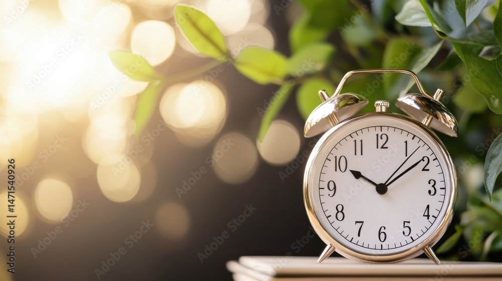 Poster a gold alarm clock rests on a stack of books, bathed in soft sunlight filtering through lush green l