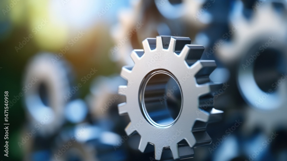 Poster Close-up of a metallic gear, sharply in focus, with blurred background of other gears suggesting intricate machinery and complex systems. : Generative AI