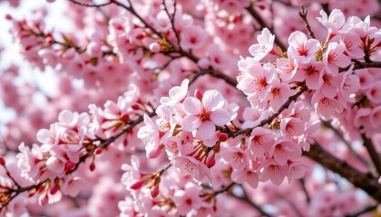 a close up photo of vibrant cherry blossoms in full bloom against a clear sky background
