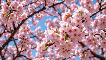 Obraz premium a vibrant springtime scene featuring an abundance of cherry blossom trees in full bloom against a clear blue sky