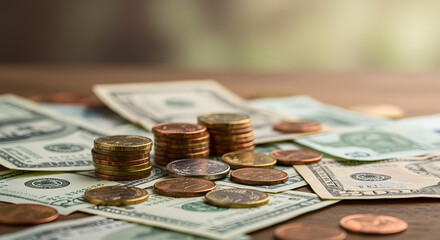 Financial Growth Stacks of Coins and Currency Representing Investment, Savings, and Wealth Accumulation