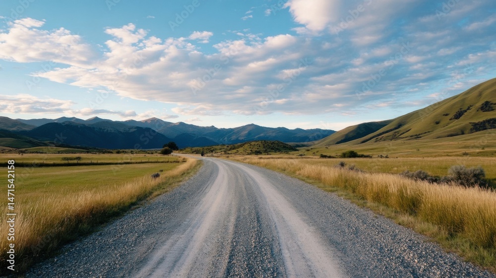 Poster gravel road winding through a scenic valley, surrounded by majestic mountains under a partly cloudy 