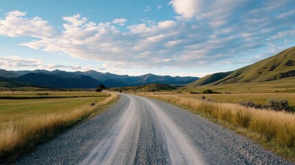 Gravel road winding through a scenic valley, surrounded by majestic mountains under a partly cloudy sky.  The landscape is a mix of golden grasses and green fields, creating a tranquil : Generative AI