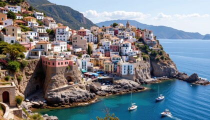 Naklejka premium a coastal town built into cliffs. it is nestled on a rocky promontory with a backdrop of blue sea