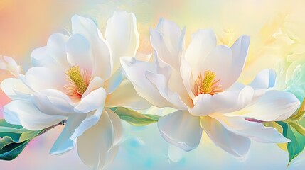Fototapeta premium Morning light caresses white magnolia petals, natures elegance with soft-focus backdrop