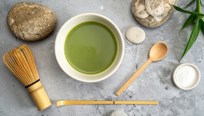 Fototapeta premium Preparing matcha tea kitchen instructional image calm environment top-down view traditional japanese concept